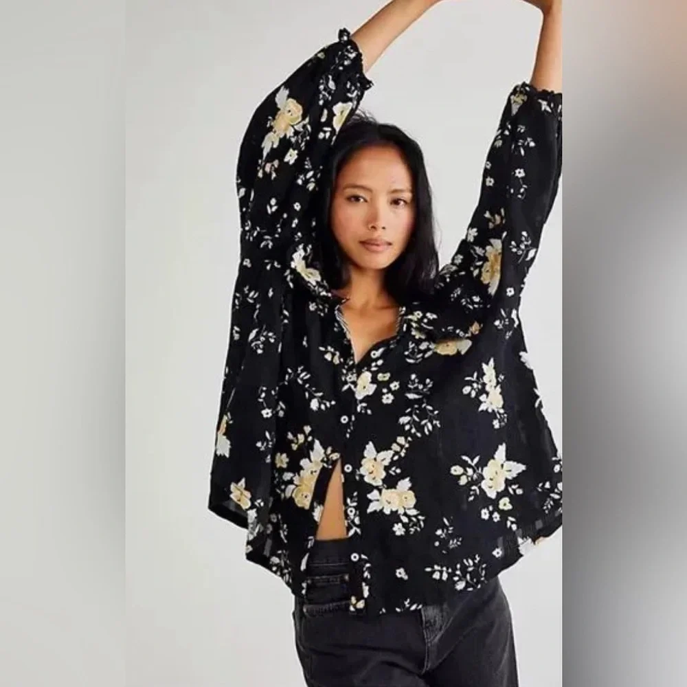 Free People Floral Blushing Blossom Black Blouse